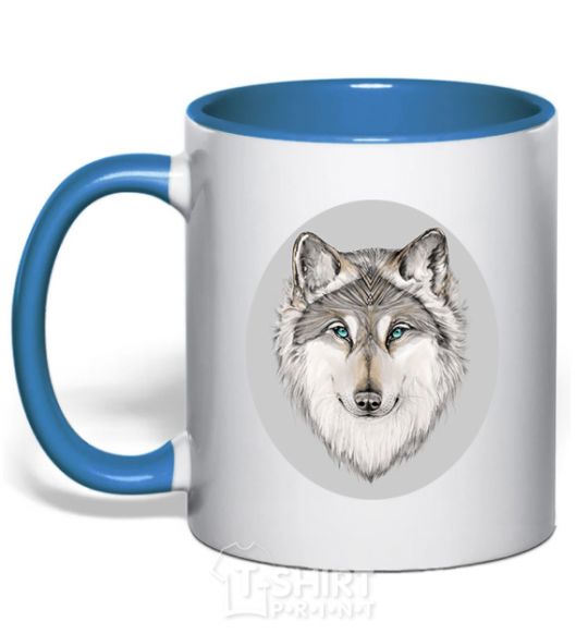 Mug with a colored handle The wolf in the oval royal-blue фото