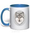 Mug with a colored handle The wolf in the oval royal-blue фото