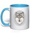 Mug with a colored handle The wolf in the oval sky-blue фото