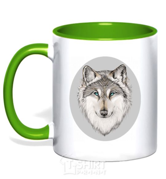 Mug with a colored handle The wolf in the oval kelly-green фото