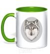 Mug with a colored handle The wolf in the oval kelly-green фото