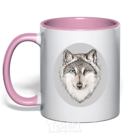 Mug with a colored handle The wolf in the oval light-pink фото