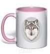 Mug with a colored handle The wolf in the oval light-pink фото