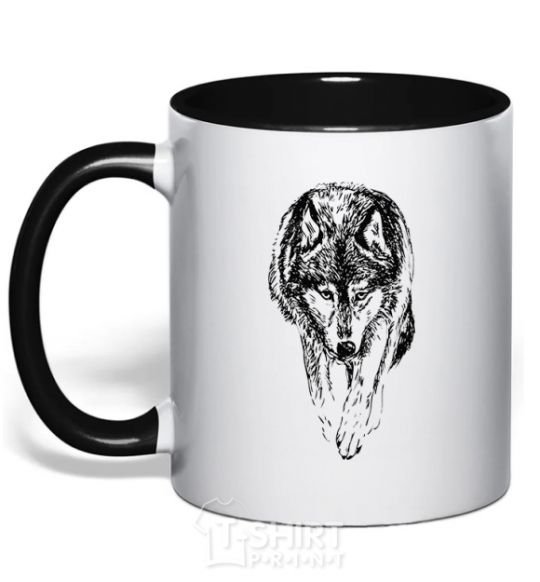Mug with a colored handle Walking wolf black фото