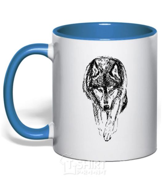 Mug with a colored handle Walking wolf royal-blue фото