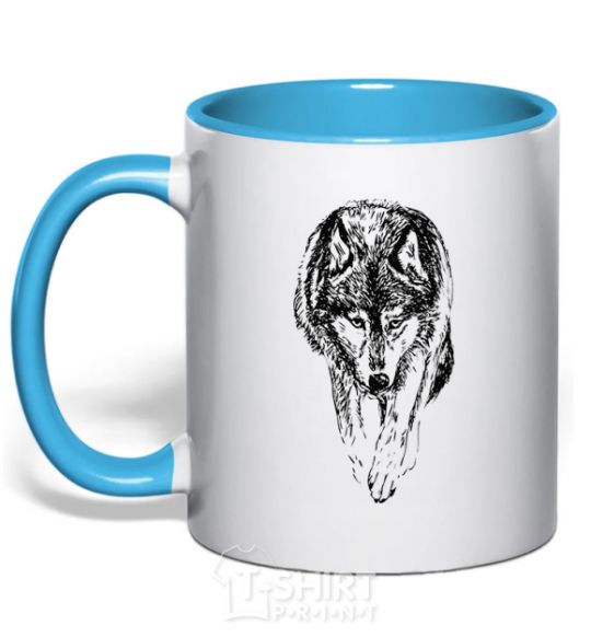 Mug with a colored handle Walking wolf sky-blue фото