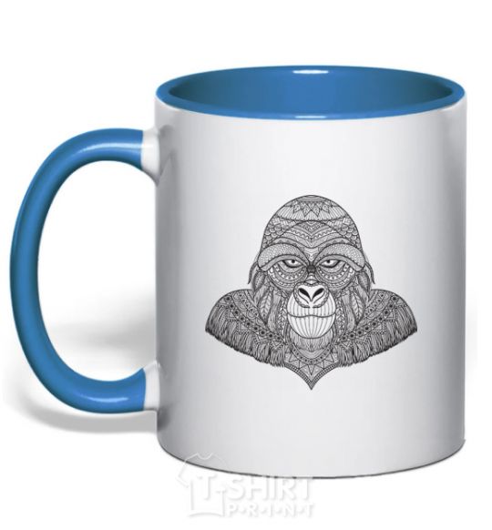 Mug with a colored handle A detailed monkey royal-blue фото