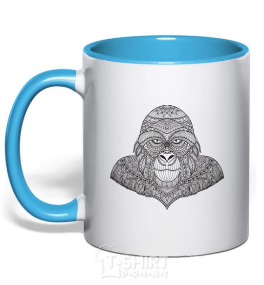 Mug with a colored handle A detailed monkey sky-blue фото