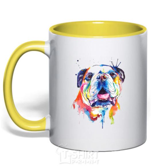 Mug with a colored handle Watercolor bulldog yellow фото