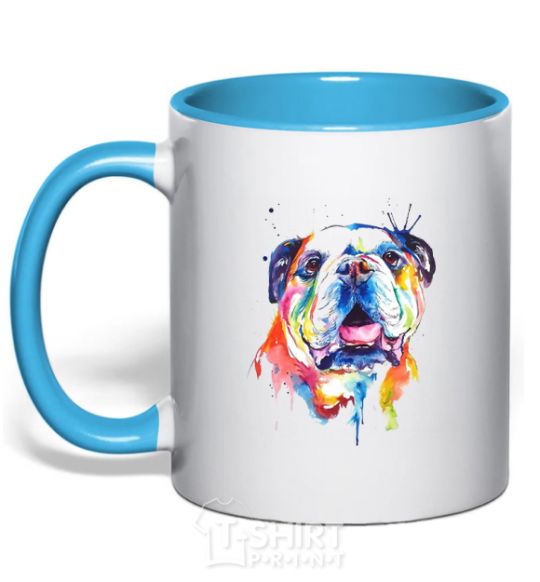 Mug with a colored handle Watercolor bulldog sky-blue фото