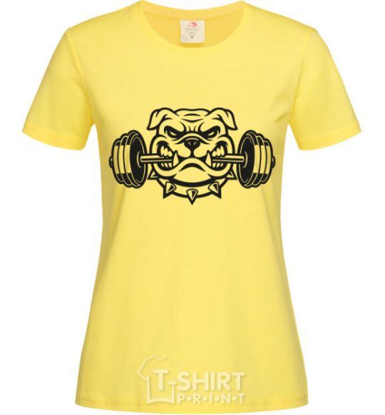 Women's T-shirt Bulldog with a barbell cornsilk фото