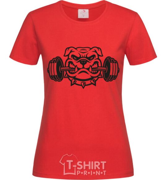 Women's T-shirt Bulldog with a barbell red фото