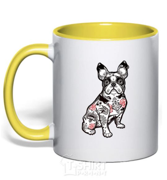 Mug with a colored handle A bulldog in a tattoo yellow фото