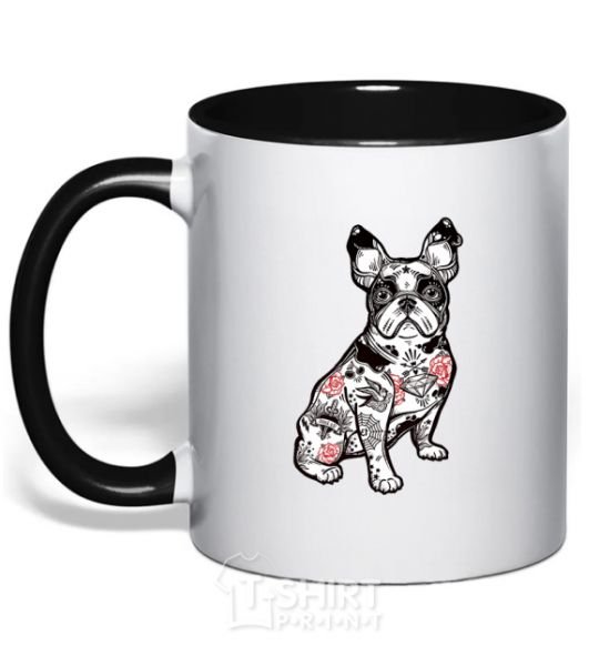 Mug with a colored handle A bulldog in a tattoo black фото