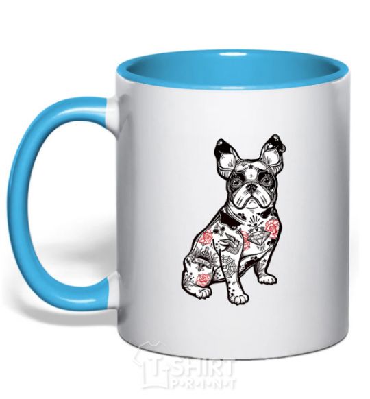 Mug with a colored handle A bulldog in a tattoo sky-blue фото