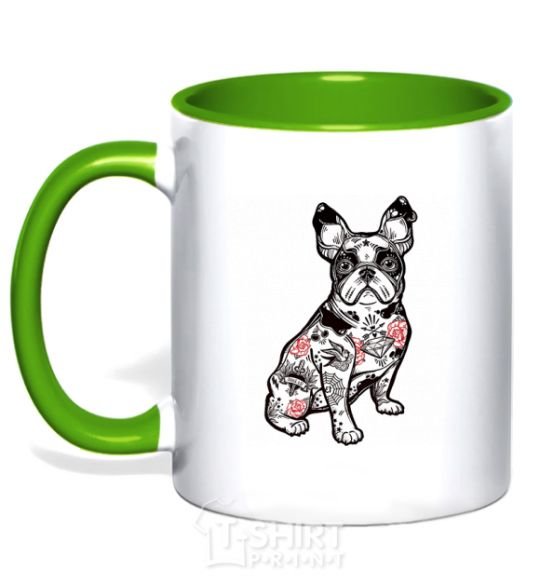 Mug with a colored handle A bulldog in a tattoo kelly-green фото