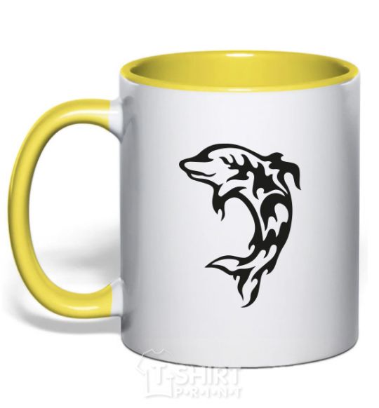 Mug with a colored handle Black dolphin yellow фото