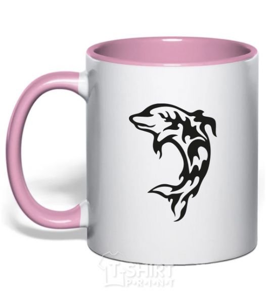 Mug with a colored handle Black dolphin light-pink фото