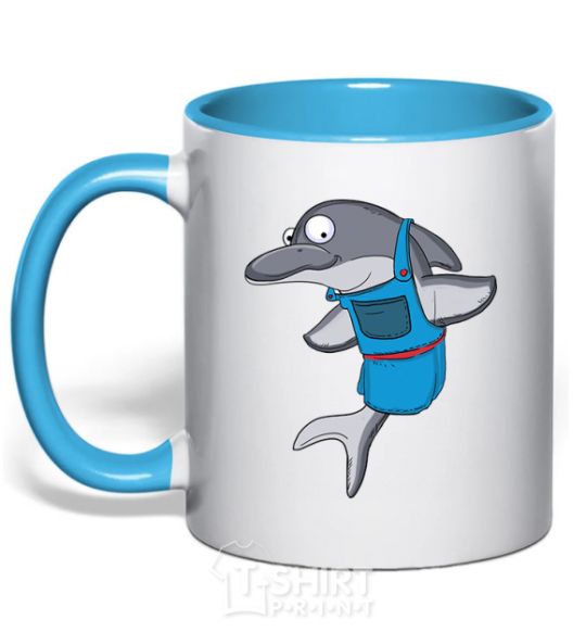 Mug with a colored handle A dolphin in an apron sky-blue фото