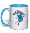 Mug with a colored handle A dolphin in an apron sky-blue фото