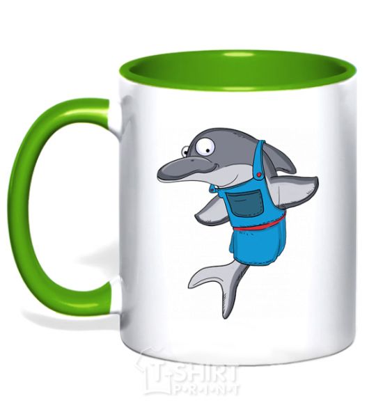 Mug with a colored handle A dolphin in an apron kelly-green фото