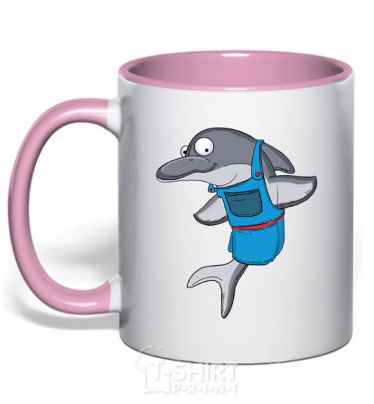 Mug with a colored handle A dolphin in an apron light-pink фото