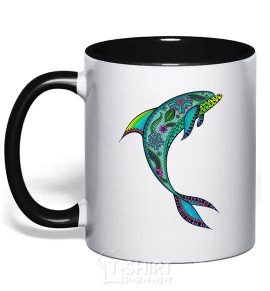 Mug with a colored handle Dolphin illustration black фото