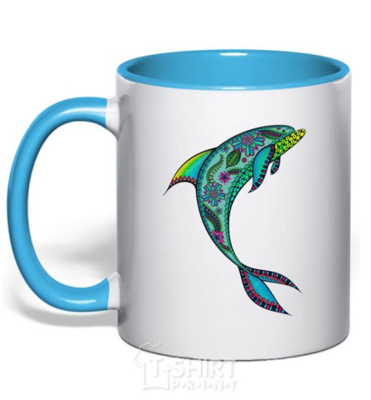 Mug with a colored handle Dolphin illustration sky-blue фото