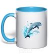 Mug with a colored handle Dolphin leap sky-blue фото