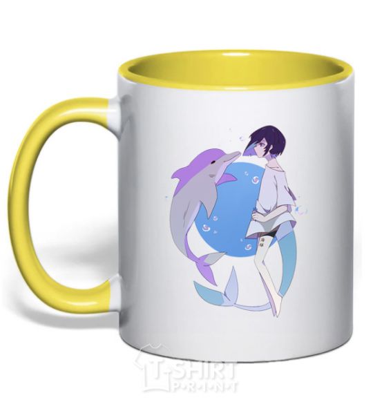 Mug with a colored handle Anime dolphin yellow фото