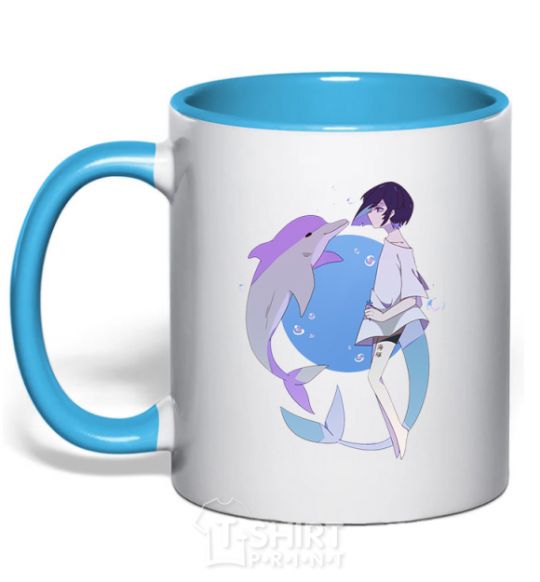 Mug with a colored handle Anime dolphin sky-blue фото