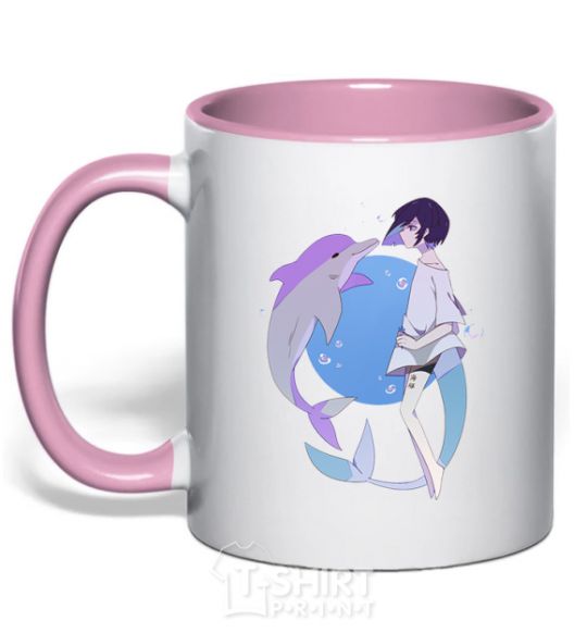 Mug with a colored handle Anime dolphin light-pink фото