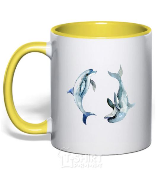 Mug with a colored handle Pastel dolphins yellow фото