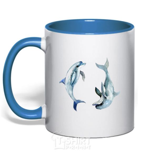 Mug with a colored handle Pastel dolphins royal-blue фото