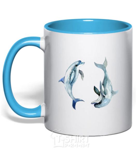 Mug with a colored handle Pastel dolphins sky-blue фото