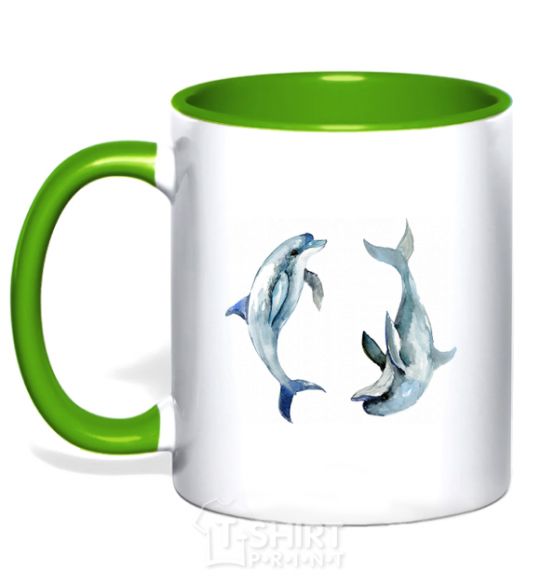 Mug with a colored handle Pastel dolphins kelly-green фото