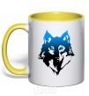 Mug with a colored handle Blue wolf yellow фото