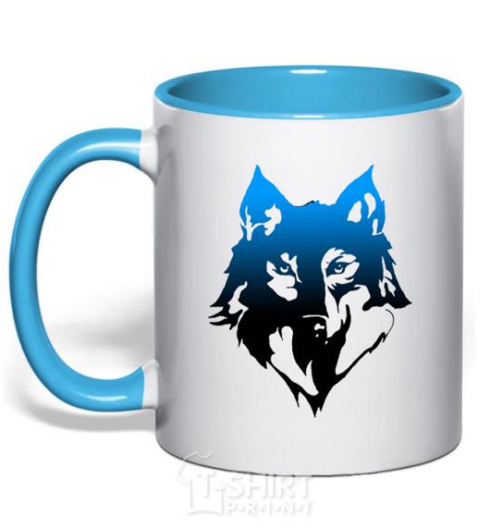 Mug with a colored handle Blue wolf sky-blue фото