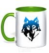 Mug with a colored handle Blue wolf kelly-green фото