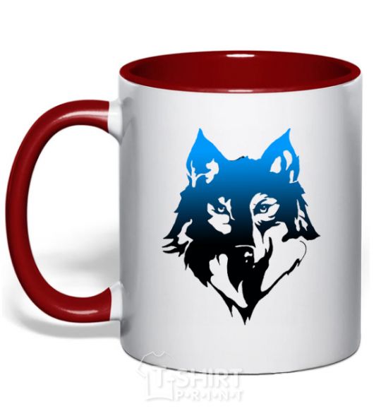 Mug with a colored handle Blue wolf red фото