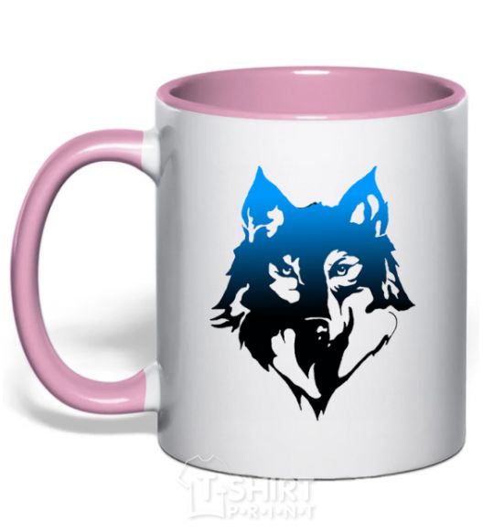 Mug with a colored handle Blue wolf light-pink фото