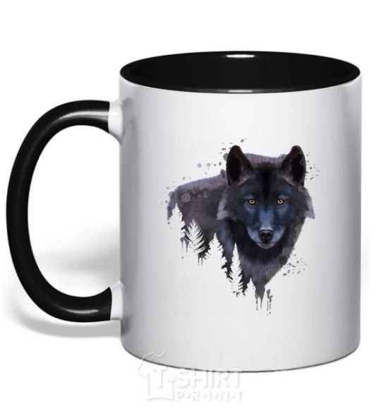 Mug with a colored handle Wolf in the wood black фото