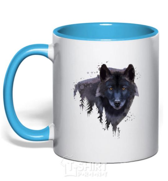 Mug with a colored handle Wolf in the wood sky-blue фото