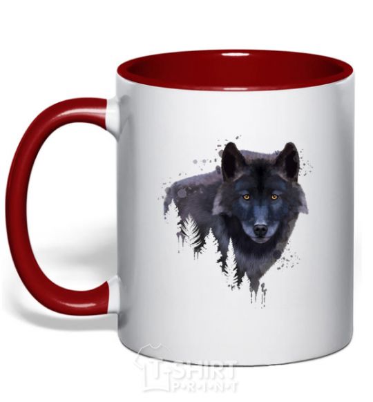 Mug with a colored handle Wolf in the wood red фото