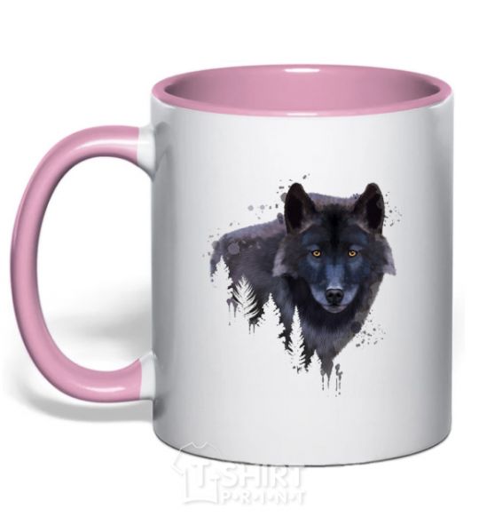 Mug with a colored handle Wolf in the wood light-pink фото