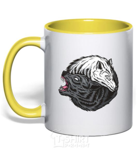 Mug with a colored handle Two wolves yellow фото