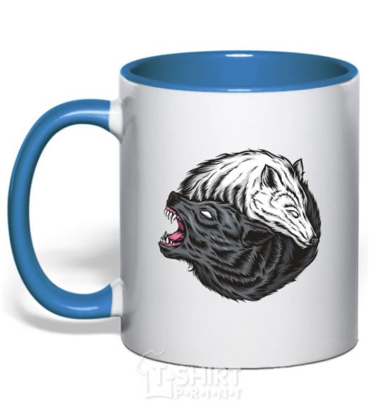 Mug with a colored handle Two wolves royal-blue фото