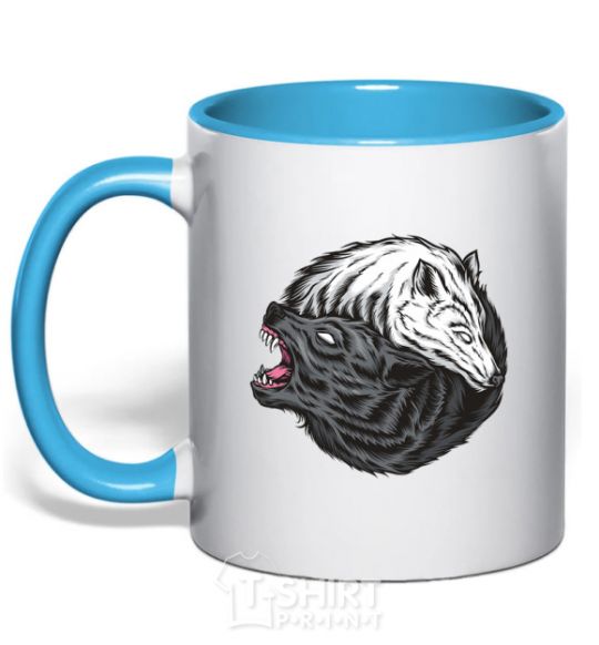 Mug with a colored handle Two wolves sky-blue фото