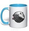 Mug with a colored handle Two wolves sky-blue фото