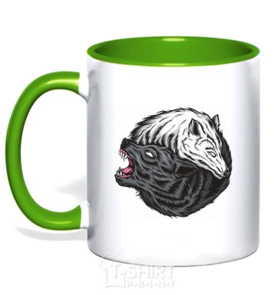 Mug with a colored handle Two wolves kelly-green фото